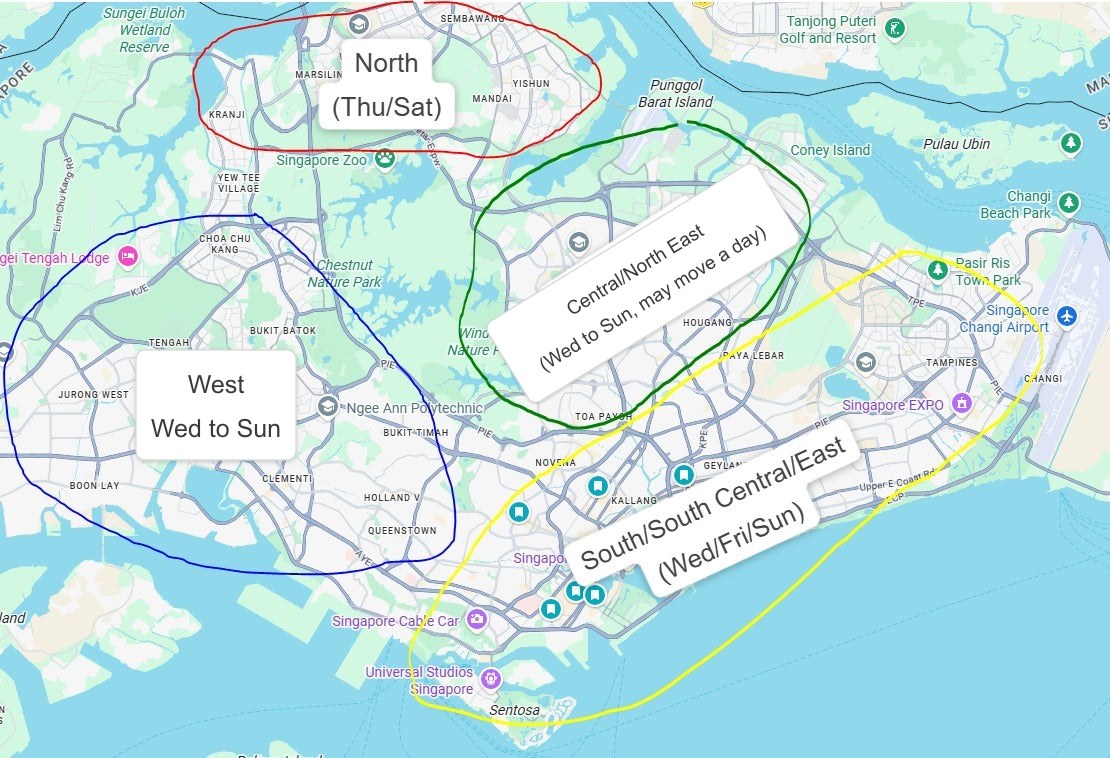 Ding Xin Seafood delivery zones across Singapore by day